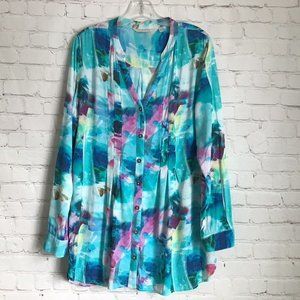 Soft Surroundings Ursa Tunic M Medium Colorful Rayon Blouse Pleat Details V Neck